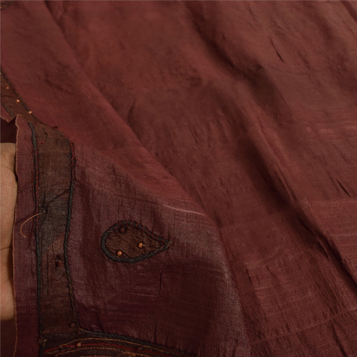 Sanskriti Vintage Dark Red Sarees Pure Silk Hand Beaded Ethnic Fabric Craft Sari