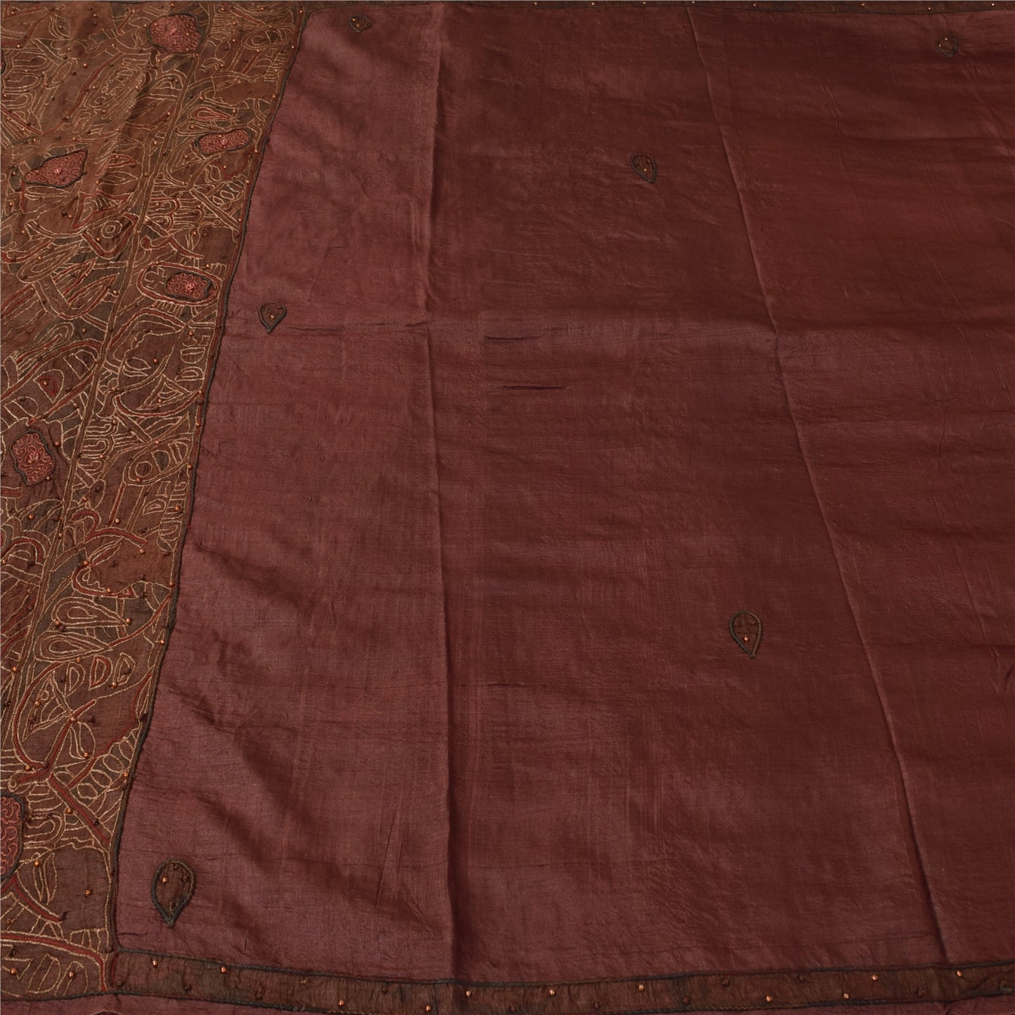 Sanskriti Vintage Dark Red Sarees Pure Silk Hand Beaded Ethnic Fabric Craft Sari
