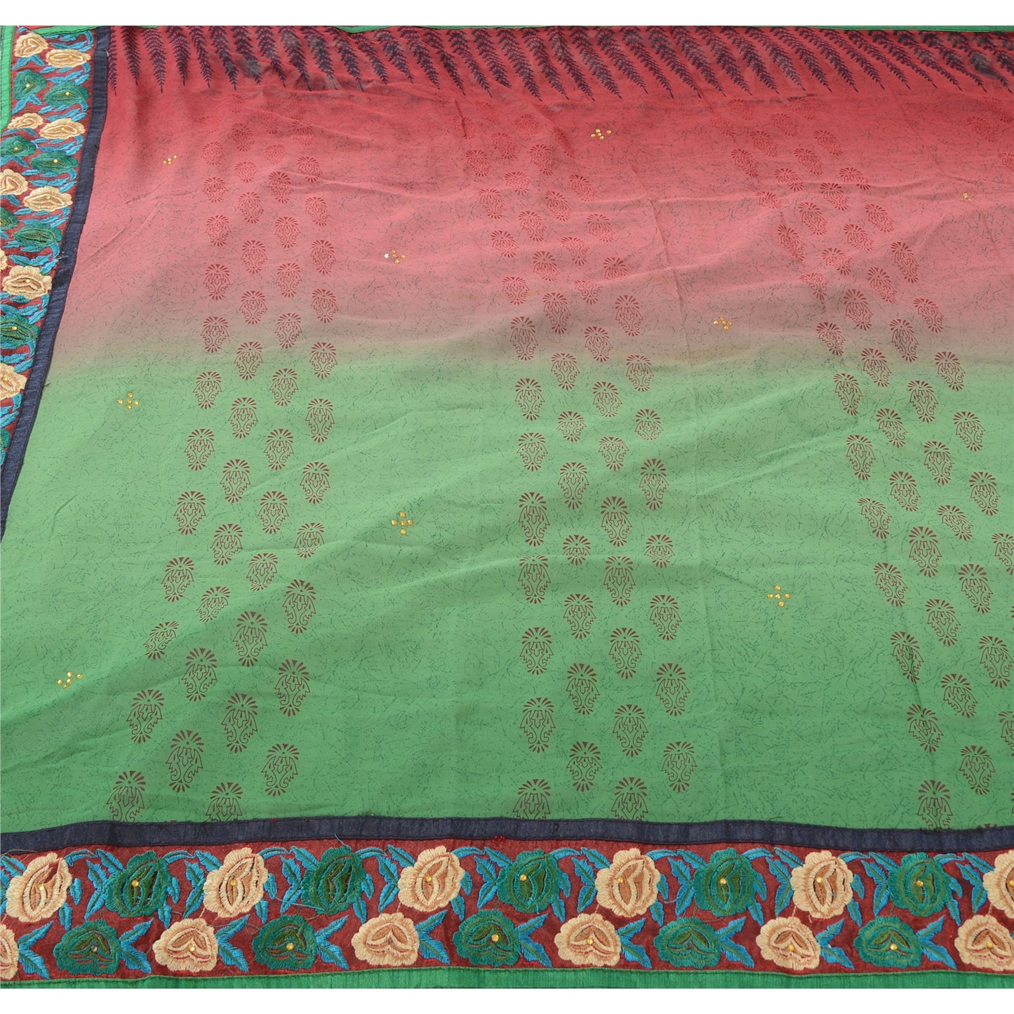 Sanskriti Vintage Green/Red Sarees Pure Georgette Hand Beaded Fabric Craft Sari