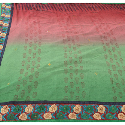 Sanskriti Vintage Green/Red Sarees Pure Georgette Hand Beaded Fabric Craft Sari