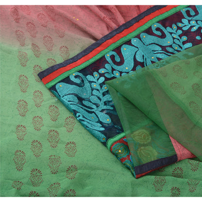 Sanskriti Vintage Green/Red Sarees Pure Georgette Hand Beaded Fabric Craft Sari