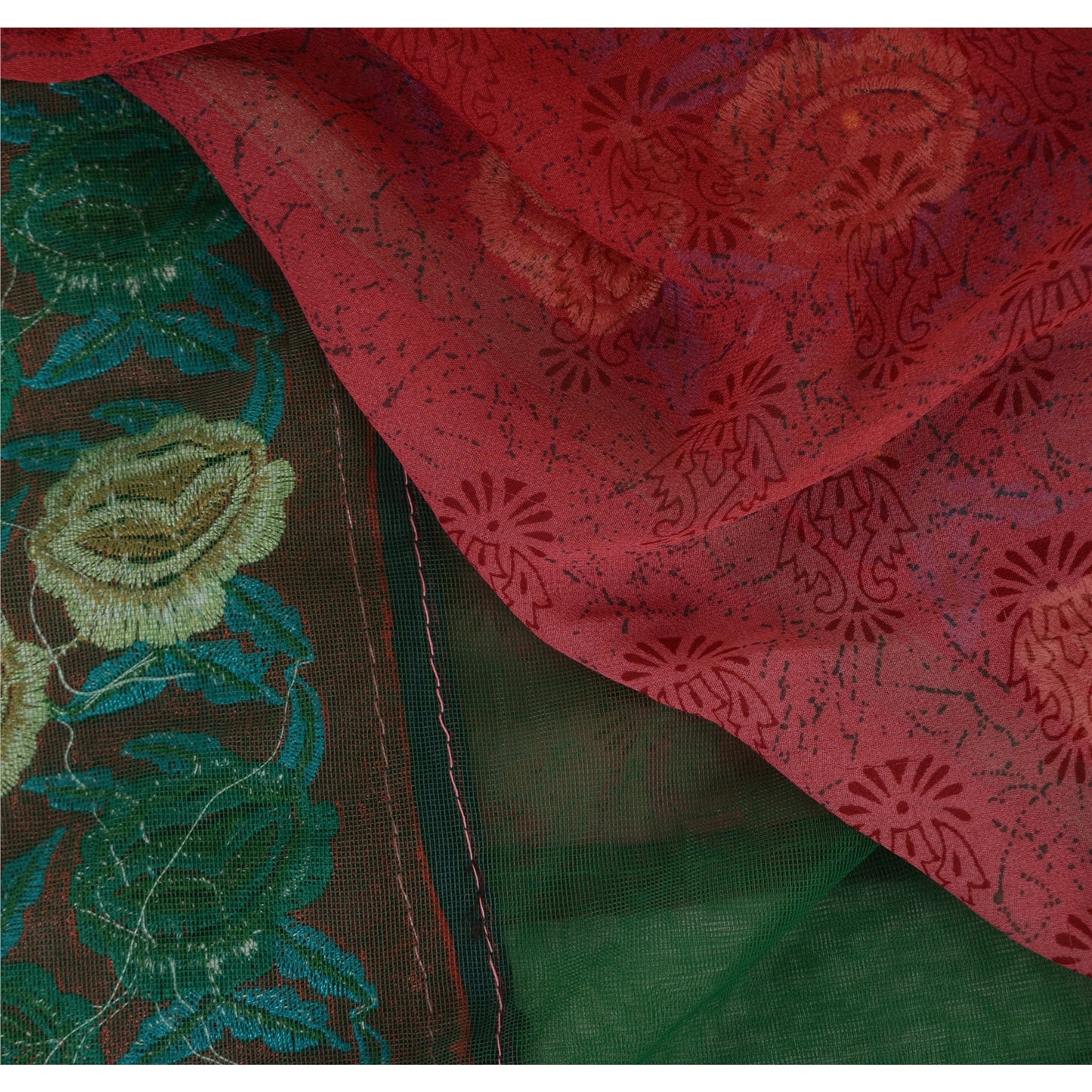 Sanskriti Vintage Green/Red Sarees Pure Georgette Hand Beaded Fabric Craft Sari