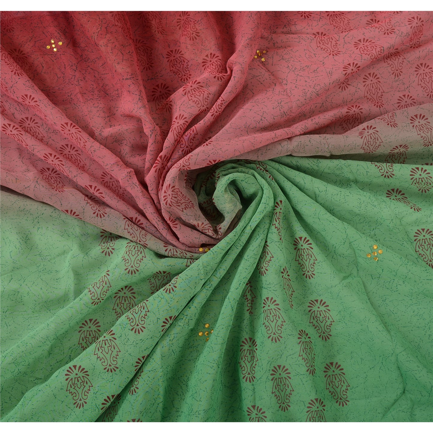 Sanskriti Vintage Green/Red Sarees Pure Georgette Hand Beaded Fabric Craft Sari