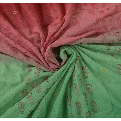 Sanskriti Vintage Green/Red Sarees Pure Georgette Hand Beaded Fabric Craft Sari