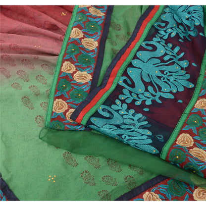 Sanskriti Vintage Green/Red Sarees Pure Georgette Hand Beaded Fabric Craft Sari