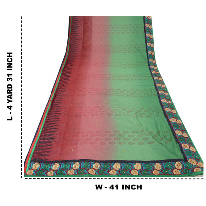 Sanskriti Vintage Green/Red Sarees Pure Georgette Hand Beaded Fabric Craft Sari