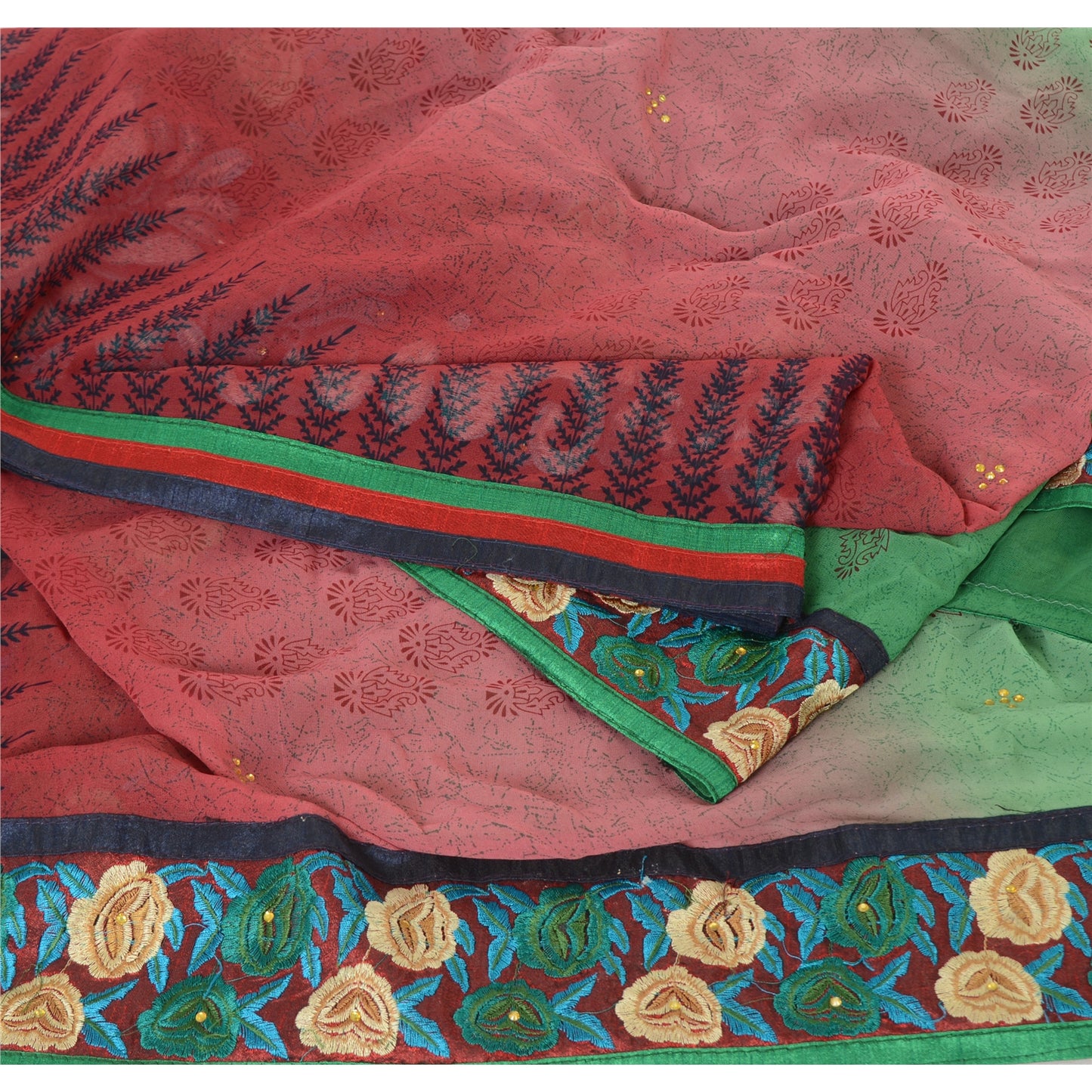 Sanskriti Vintage Green/Red Sarees Pure Georgette Hand Beaded Fabric Craft Sari