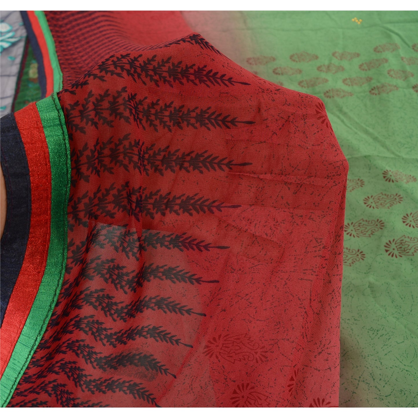 Sanskriti Vintage Green/Red Sarees Pure Georgette Hand Beaded Fabric Craft Sari