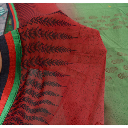Sanskriti Vintage Green/Red Sarees Pure Georgette Hand Beaded Fabric Craft Sari