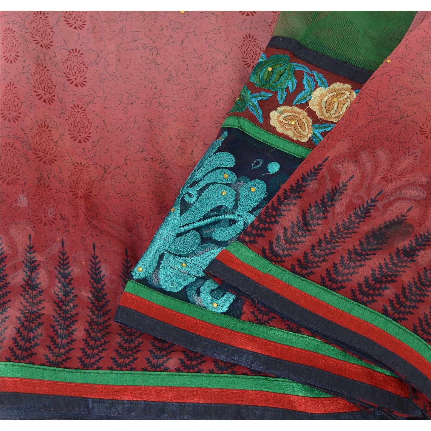 Sanskriti Vintage Green/Red Sarees Pure Georgette Hand Beaded Fabric Craft Sari
