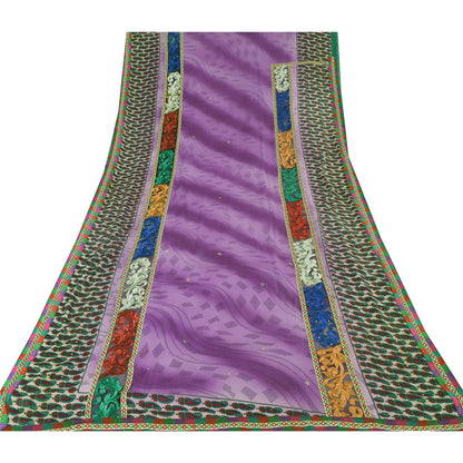 Sanskriti Vintage Art Silk Sari Fabric: Hand-Beaded Purple Craft Material (5yd Uses--Crafts Sewing Patchwork Home Decor, Bag Making, Etc