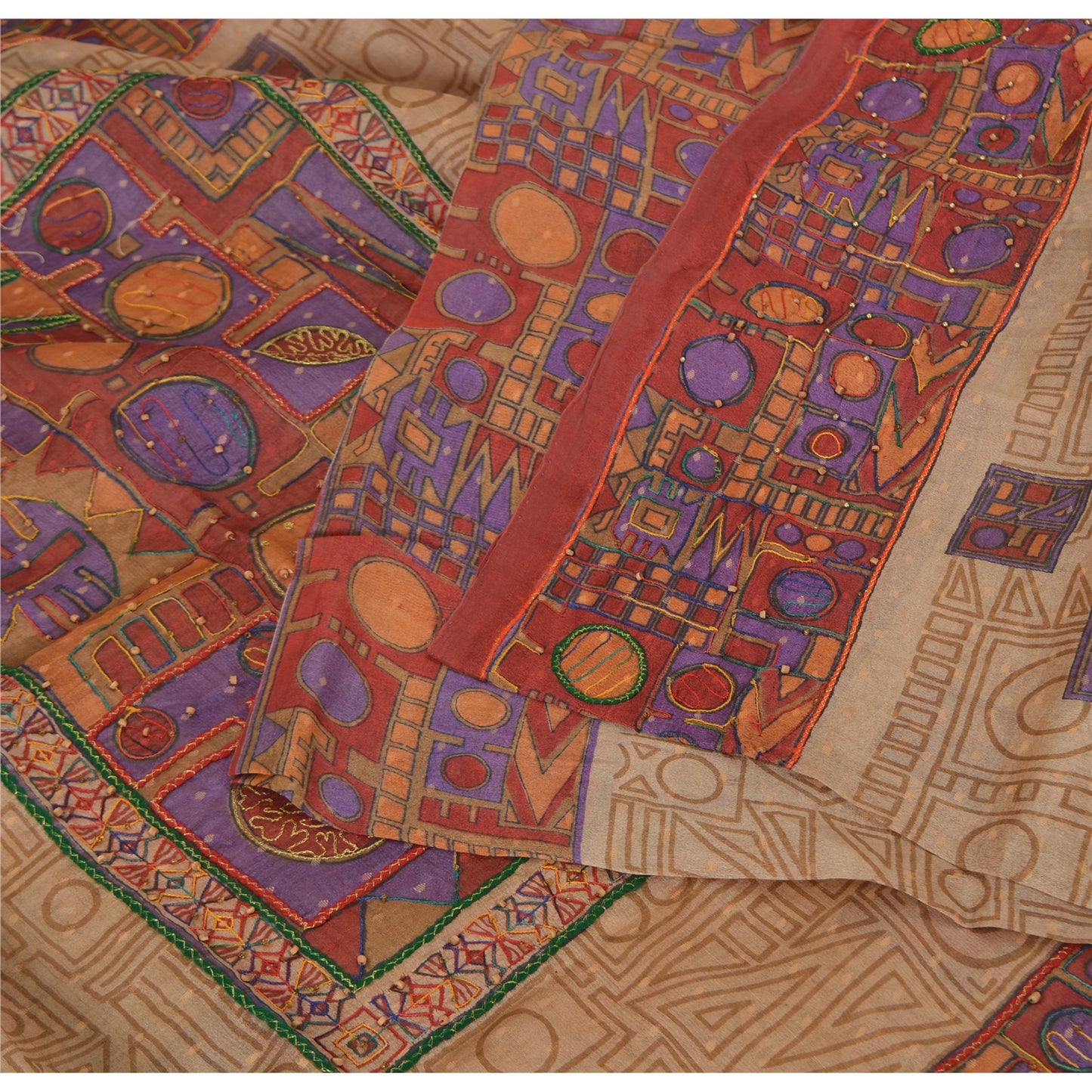 Sanskriti Vintage Beige/Dark Red Sarees Pure Silk Hand Beaded Woven Fabric Sari