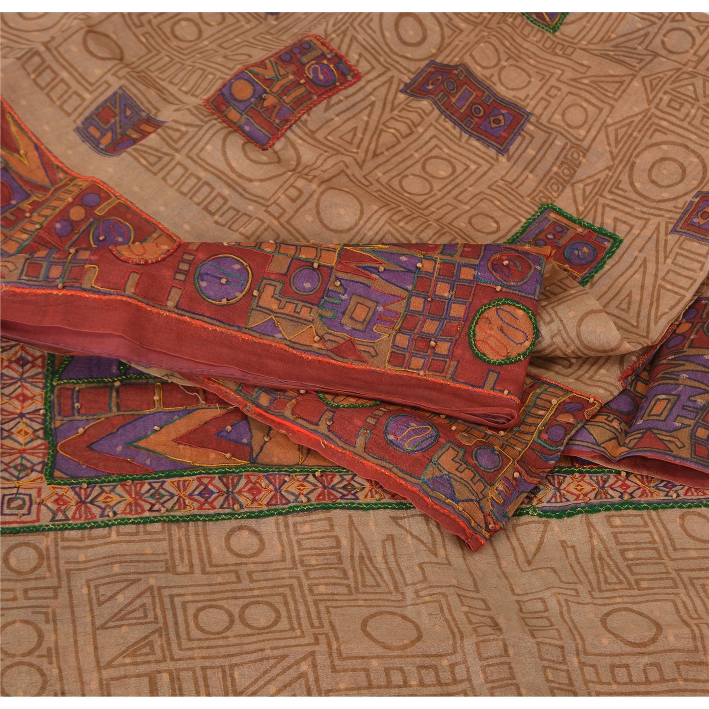 Sanskriti Vintage Beige/Dark Red Sarees Pure Silk Hand Beaded Woven Fabric Sari
