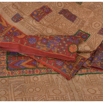 Sanskriti Vintage Beige/Dark Red Sarees Pure Silk Hand Beaded Woven Fabric Sari