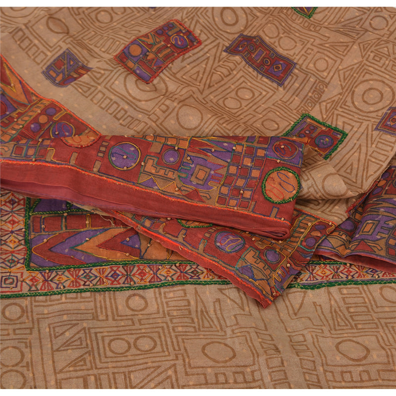 Sanskriti Vintage Beige/Dark Red Sarees Pure Silk Hand Beaded Woven Fabric Sari