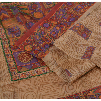 Sanskriti Vintage Beige/Dark Red Sarees Pure Silk Hand Beaded Woven Fabric Sari
