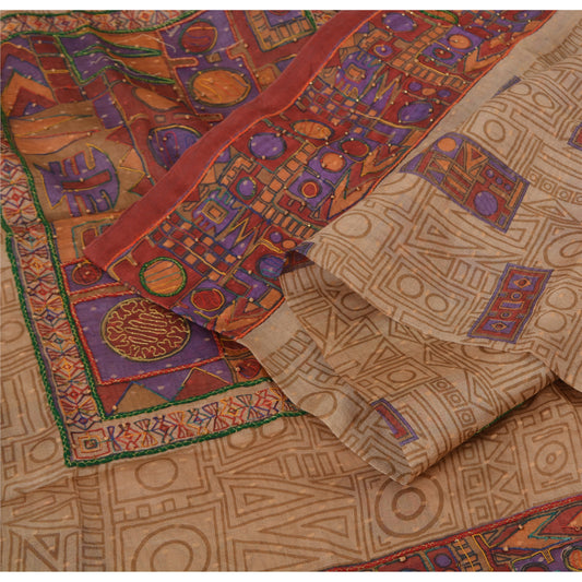 Sanskriti Vintage Beige/Dark Red Sarees Pure Silk Hand Beaded Woven Fabric Sari