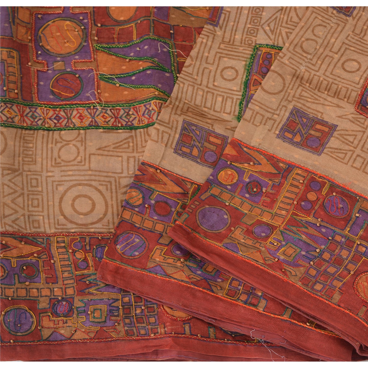 Sanskriti Vintage Beige/Dark Red Sarees Pure Silk Hand Beaded Woven Fabric Sari