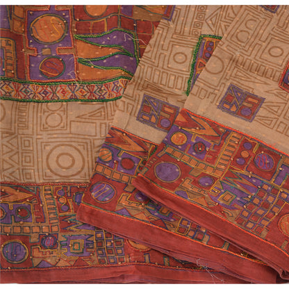 Sanskriti Vintage Beige/Dark Red Sarees Pure Silk Hand Beaded Woven Fabric Sari