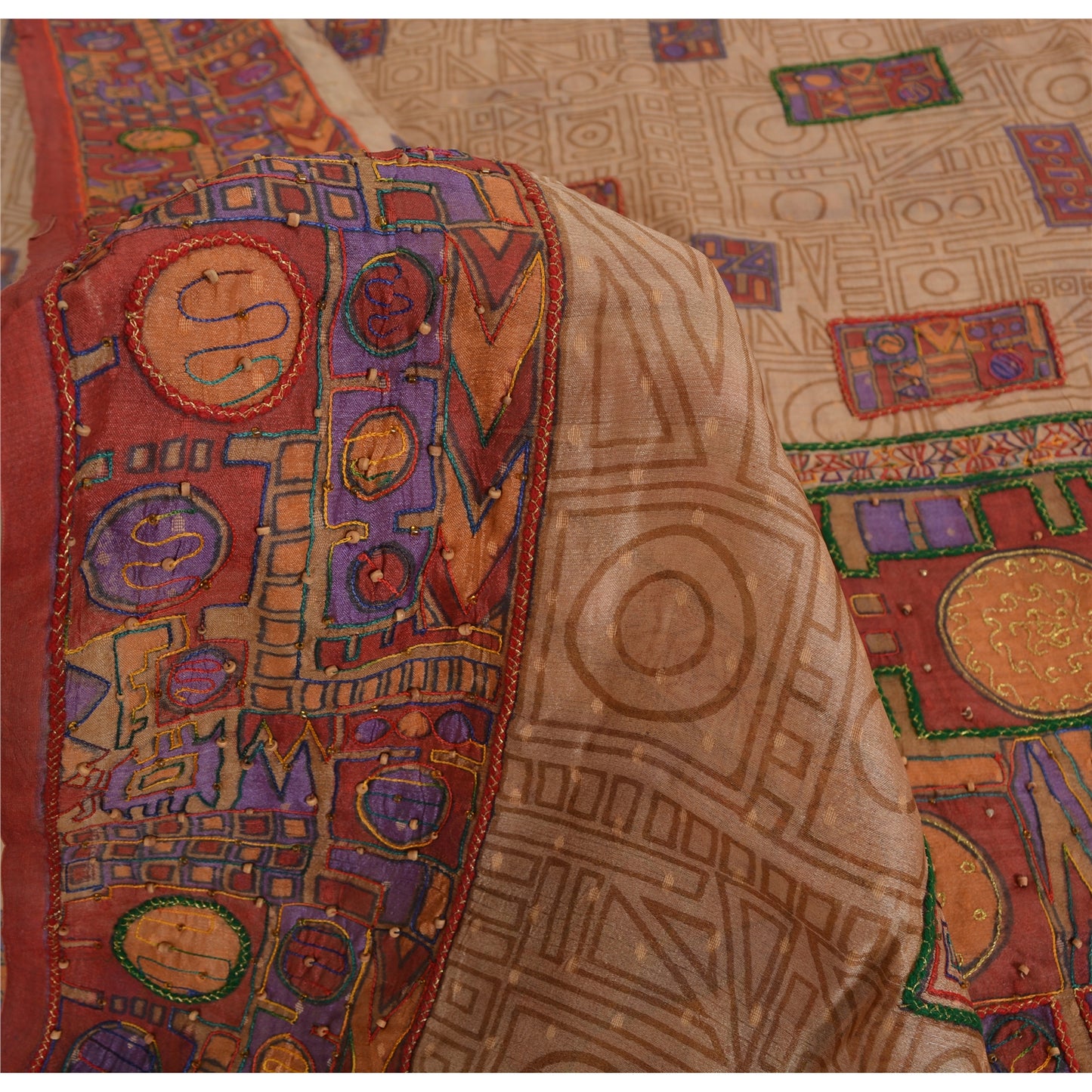 Sanskriti Vintage Beige/Dark Red Sarees Pure Silk Hand Beaded Woven Fabric Sari
