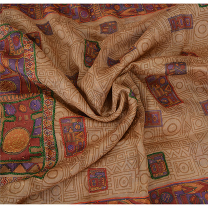 Sanskriti Vintage Beige/Dark Red Sarees Pure Silk Hand Beaded Woven Fabric Sari