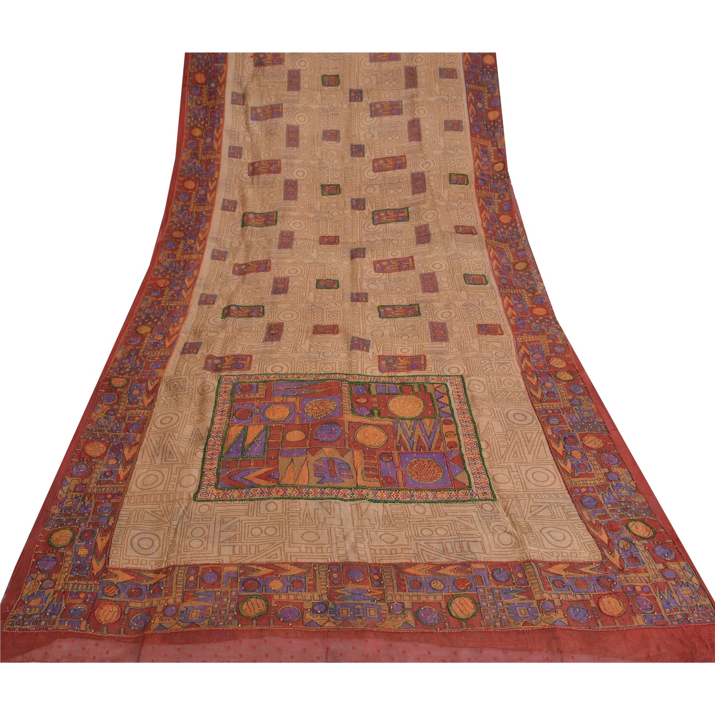 Sanskriti Vintage Beige/Dark Red Sarees Pure Silk Hand Beaded Woven Fabric Sari
