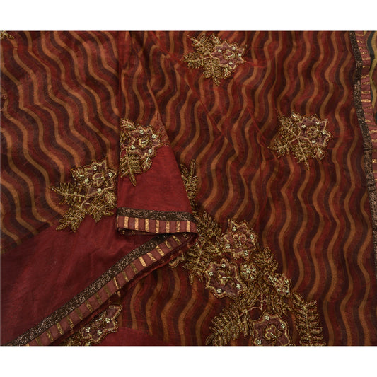 Vintage Saree Art Silk Hand Beaded Red Craft Fabric 5 YD Premium Sari