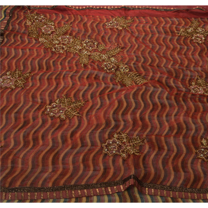 Vintage Saree Art Silk Hand Beaded Red Craft Fabric 5 YD Premium Sari