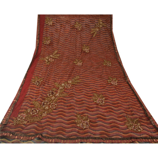 Vintage Saree Art Silk Hand Beaded Red Craft Fabric 5 YD Premium Sari