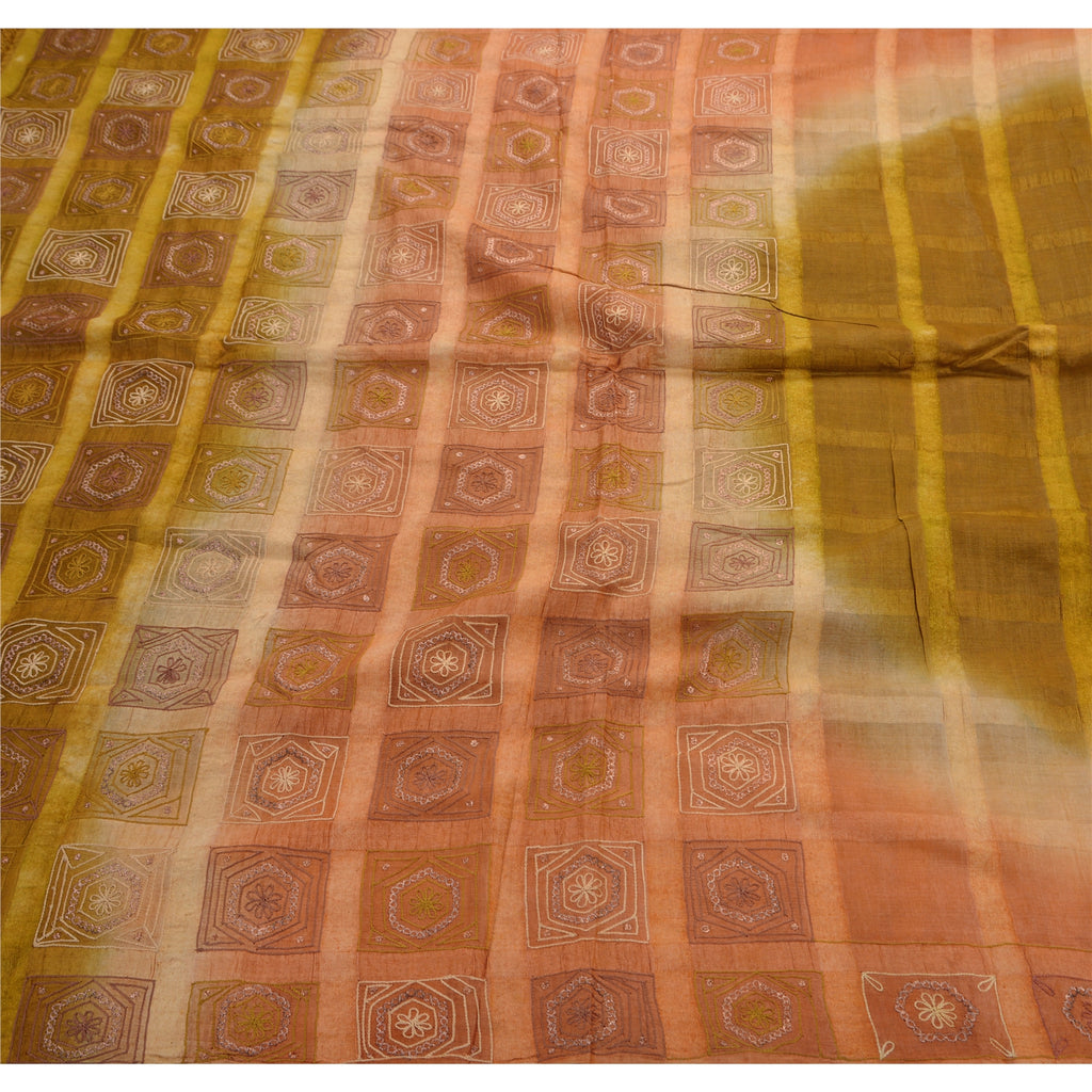 Vintage Green Saree Pure Silk Hand Embroidered Craft Fabric Premium Sari