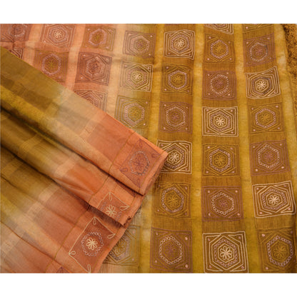 Vintage Green Saree Pure Silk Hand Embroidered Craft Fabric Premium Sari