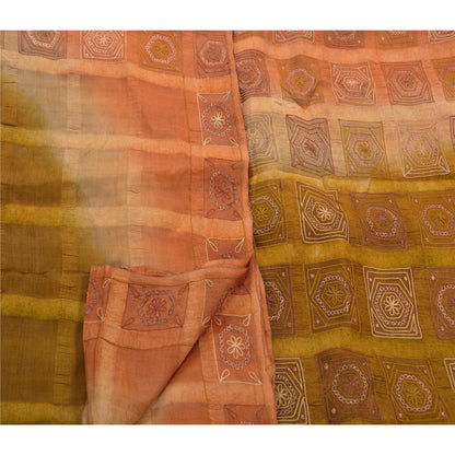 Vintage Green Saree Pure Silk Hand Embroidered Craft Fabric Premium Sari
