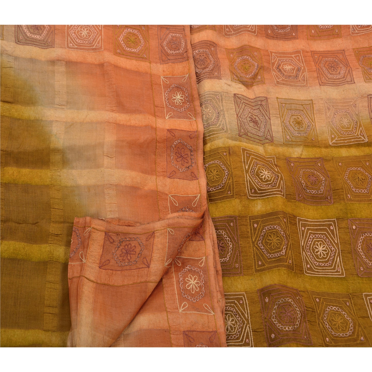 Vintage Green Saree Pure Silk Hand Embroidered Craft Fabric Premium Sari