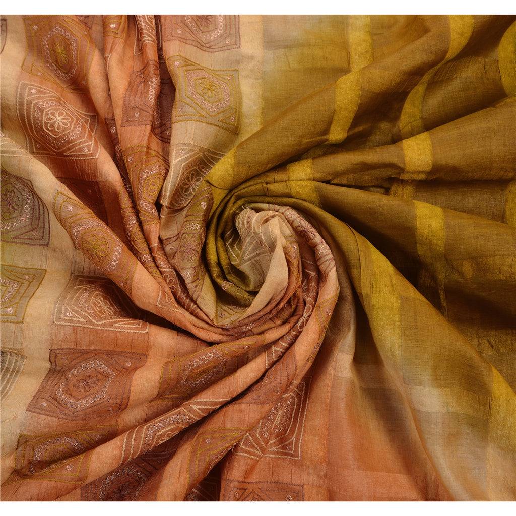 Vintage Green Saree Pure Silk Hand Embroidered Craft Fabric Premium Sari
