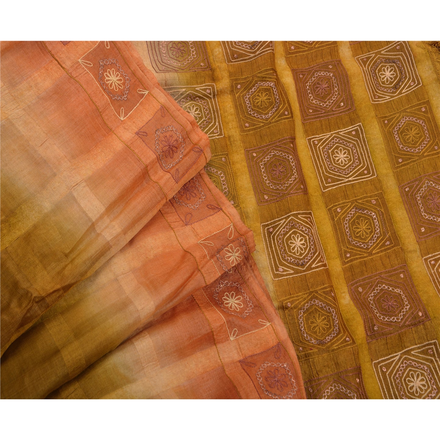 Vintage Green Saree Pure Silk Hand Embroidered Craft Fabric Premium Sari