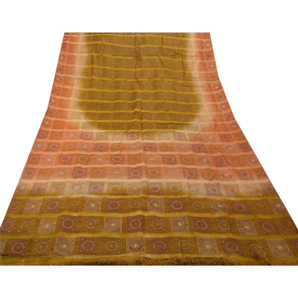 Vintage Green Saree Pure Silk Hand Embroidered Craft Fabric Premium Sari