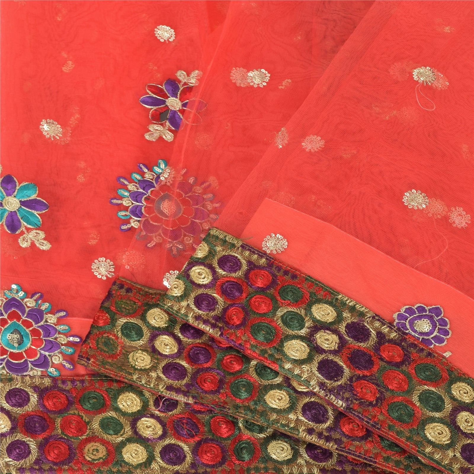 Sanskriti Vintage Coral Sarees Net Mesh Embroidery Premium Sari 5yd Craft Fabric