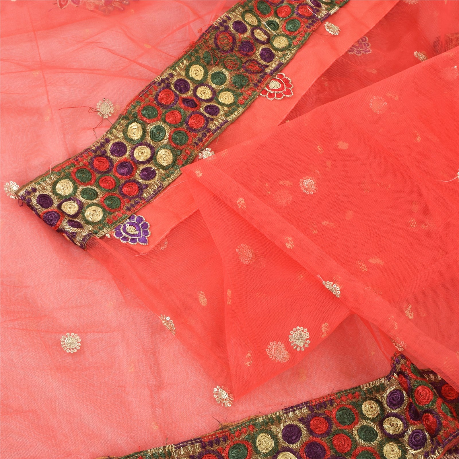Sanskriti Vintage Coral Sarees Net Mesh Embroidery Premium Sari 5yd Craft Fabric