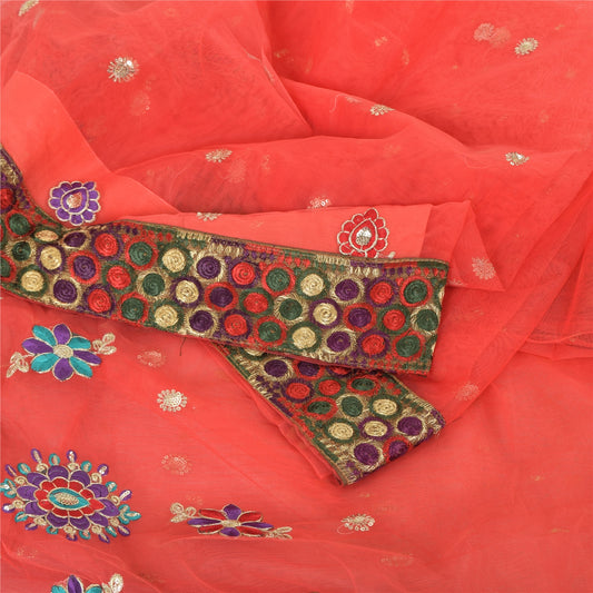 Sanskriti Vintage Coral Sarees Net Mesh Embroidery Premium Sari 5yd Craft Fabric
