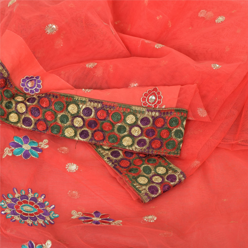 Sanskriti Vintage Coral Net Saree: Embroidered Thread Work Floral Fabric, 5 Yard Crafters & Upcyclers, Indian Eco-Friendly Fabric