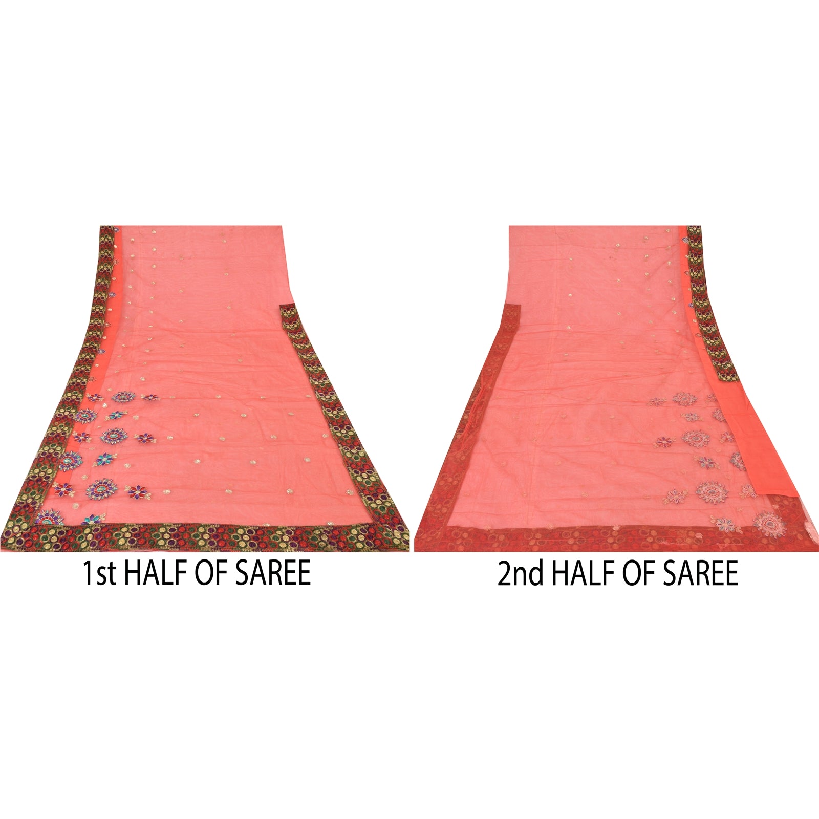 Sanskriti Vintage Coral Sarees Net Mesh Embroidery Premium Sari 5yd Craft Fabric