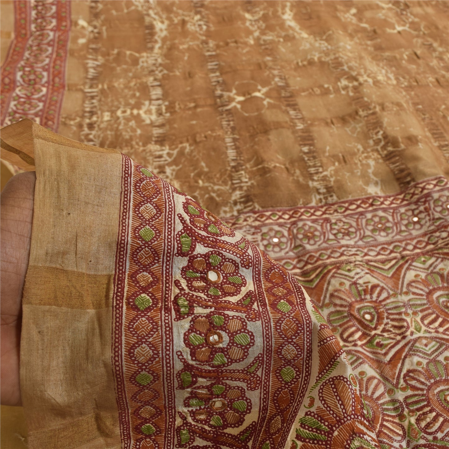 Sanskriti Vintage Brown & Cream Sarees Cotton Silk Hand Beaded Craft Fabric Sari