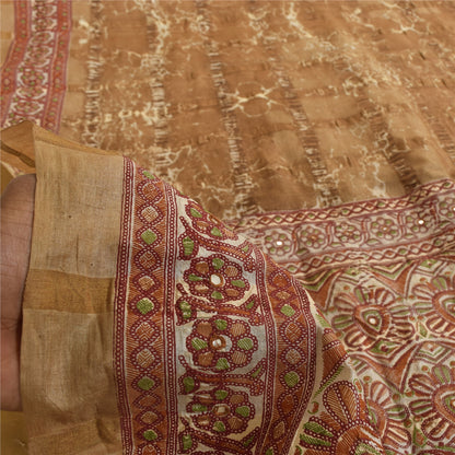 Sanskriti Vintage Brown & Cream Sarees Cotton Silk Hand Beaded Craft Fabric Sari