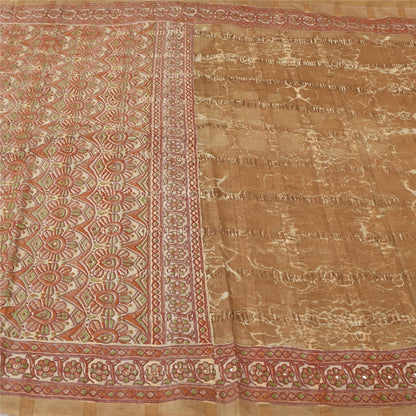 Sanskriti Vintage Brown & Cream Sarees Cotton Silk Hand Beaded Craft Fabric Sari