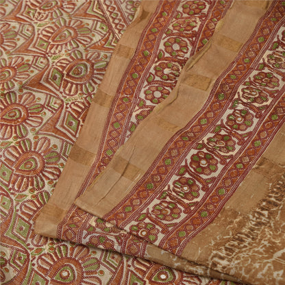 Sanskriti Vintage Brown & Cream Sarees Cotton Silk Hand Beaded Craft Fabric Sari