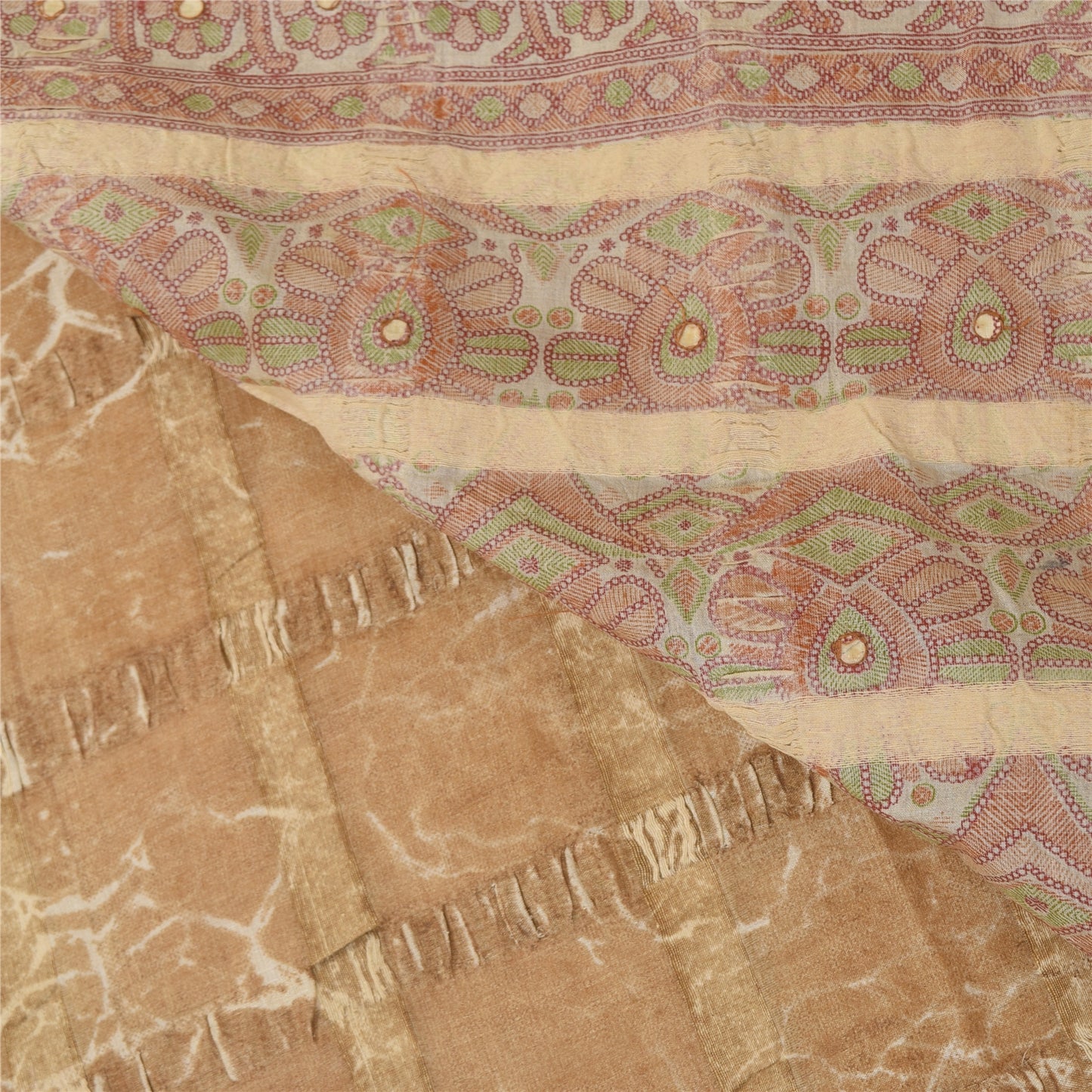 Sanskriti Vintage Brown & Cream Sarees Cotton Silk Hand Beaded Craft Fabric Sari