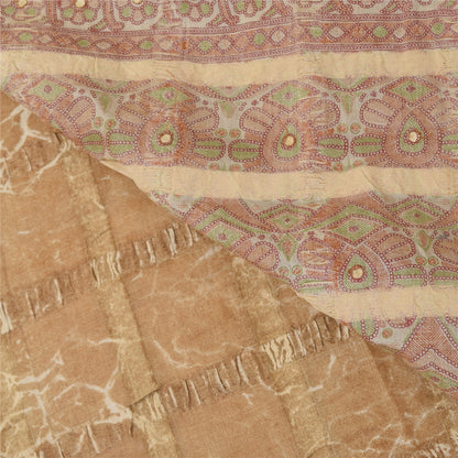 Sanskriti Vintage Brown & Cream Sarees Cotton Silk Hand Beaded Craft Fabric Sari