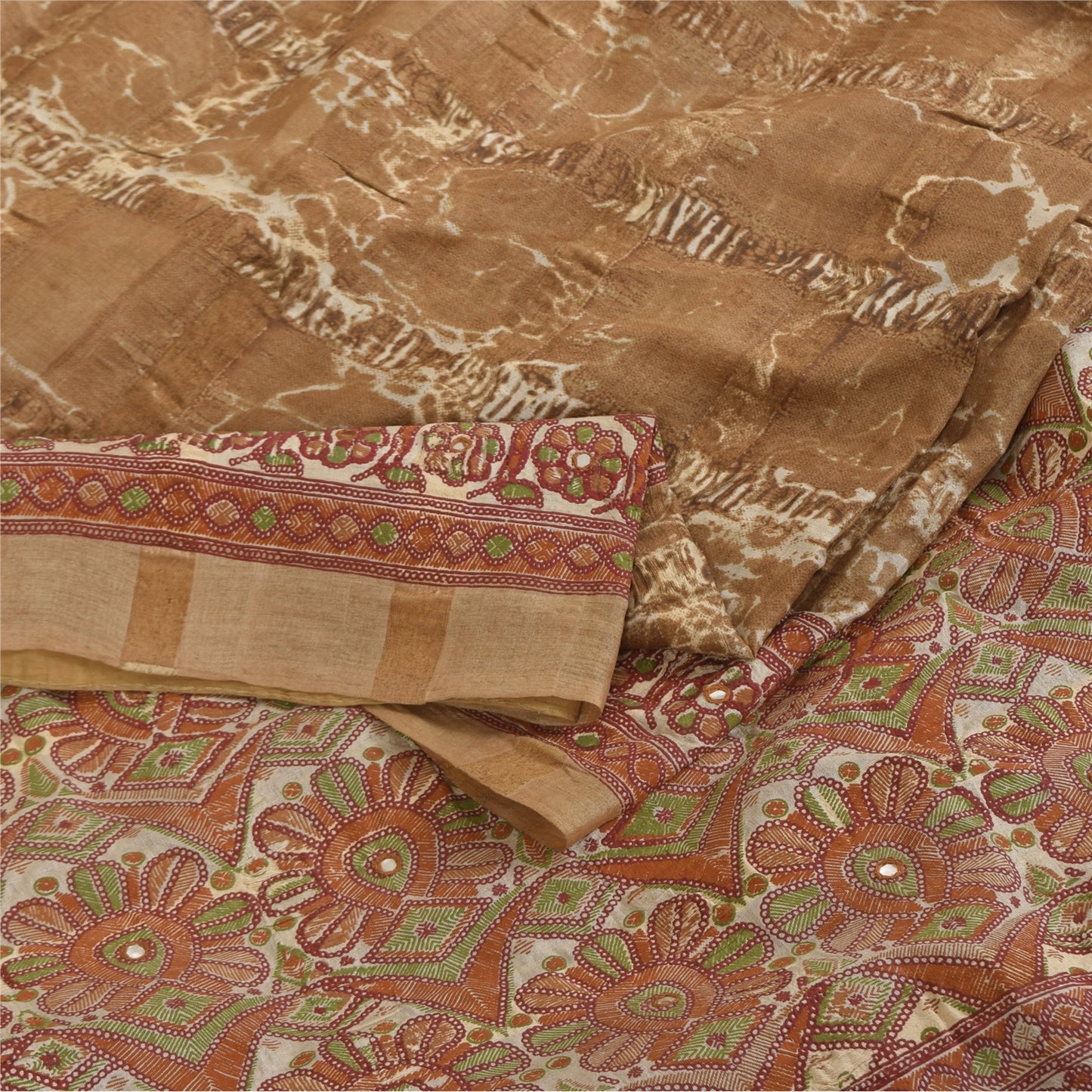 Sanskriti Vintage Brown & Cream Sarees Cotton Silk Hand Beaded Craft Fabric Sari