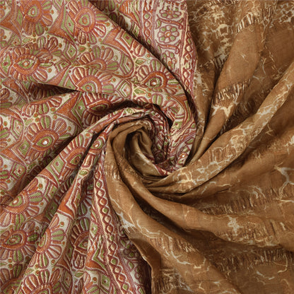 Sanskriti Vintage Brown & Cream Sarees Cotton Silk Hand Beaded Craft Fabric Sari