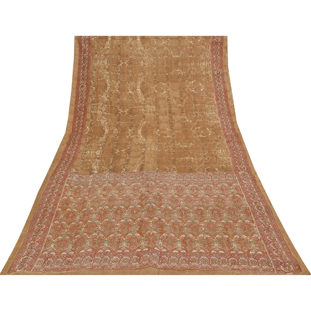 Sanskriti Vintage Brown & Cream Sarees Cotton Silk Hand Beaded Craft Fabric Sari